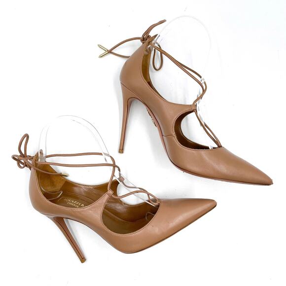 Aquazzura Christy Pumps Tan Leather Heels Curvy Lace Up Pointed Toe Sz 37 / 7 US - Picture 3 of 11